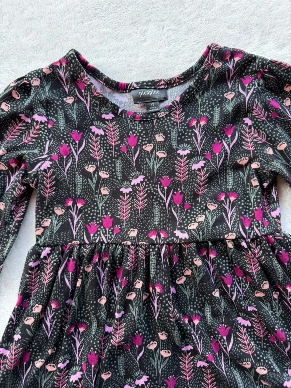 Girls' Black Floral Long-Sleeve Casual Dress with Pink Accents Size 3T